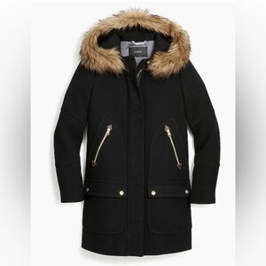 J Crew Chateau Black parka Italian wool coat with detachable fur hood size 8 EUC